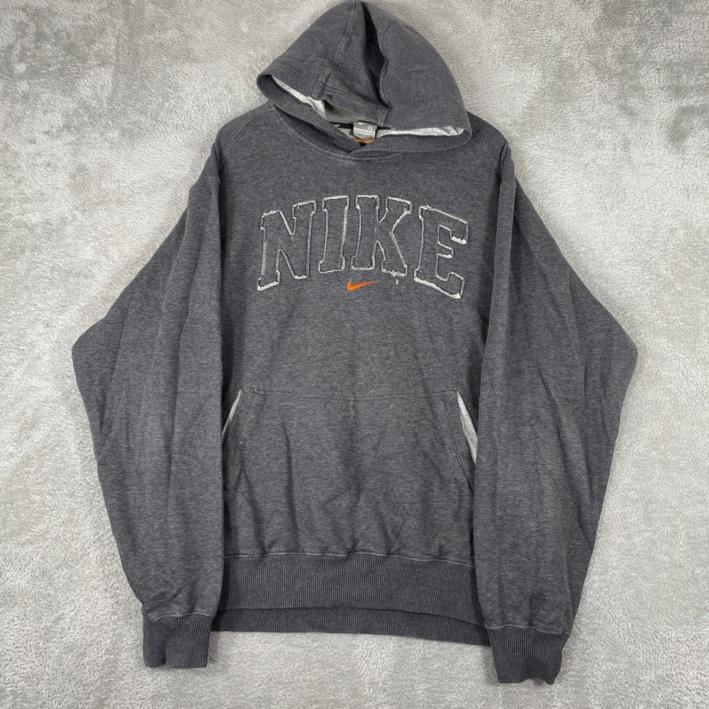Vintage Nike Hoodie Mens XL‎ Gray Spellout Swoosh Distressed Y2K Surf